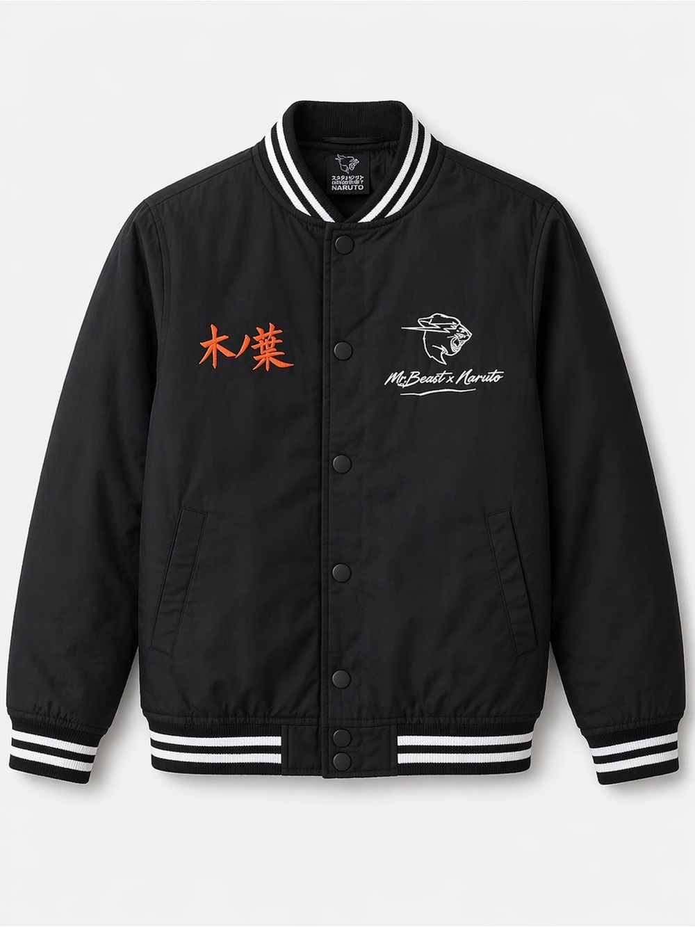 Black Naruto Mr. Beast Varsity Jacket with Orange Embroidery